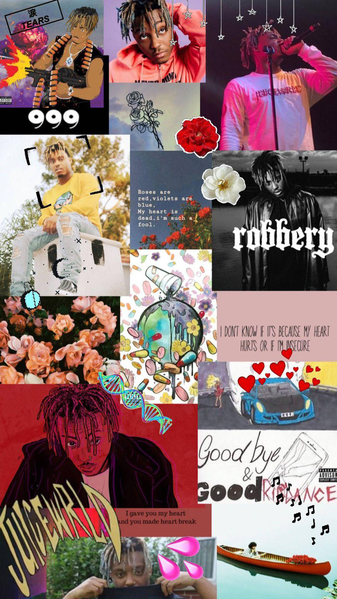 Juice WRLD 照片、花朵和歌詞的拼貼畫，帶有鮮豔色彩和文字疊加。 — Juice Wrld 壁紙