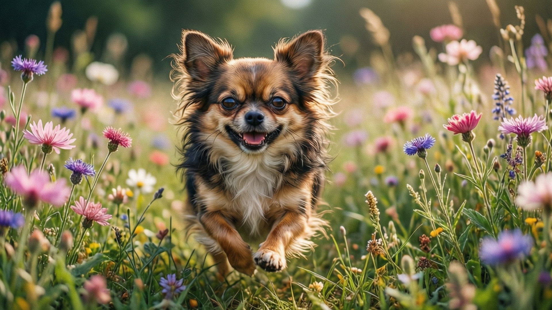 Wildflower Chihuahua Sprint 壁紙 — 一隻快樂的吉娃娃，毛色棕黑相間，跳躍在陽光普照、開滿粉紅、紫和白野花的草地上。