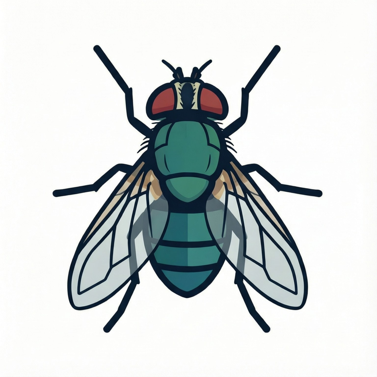 fly 桌布 壁紙 — 一隻風格化的卡通蒼蠅，綠色身體，紅色眼睛，透明翅膀，背景為純白色。