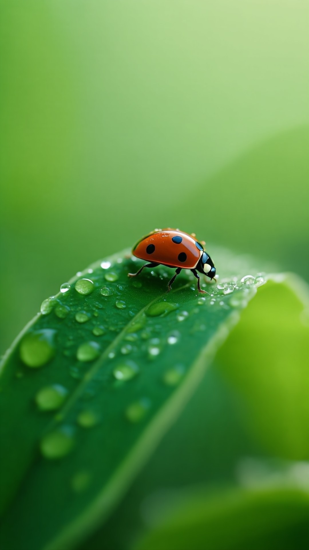 Ladybug on Dew Leaf 壁紙 — 一隻鮮紅色的瓢蟲帶有黑色斑點，在佈滿露珠的綠葉上爬行，背景是柔和模糊的綠色。