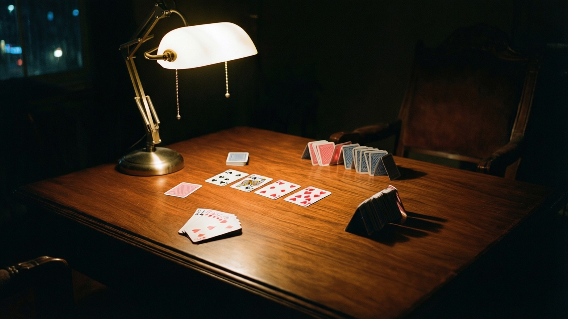 Solitaire 桌布 壁紙 — 一盞檯燈在昏暗的房間裡，將溫暖的光線投射在木桌上散落的撲克牌和疊牌上。