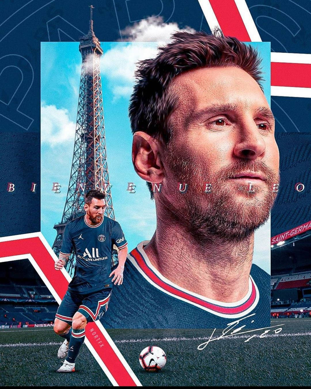 Lionel Messi 穿著巴黎聖日耳曼球衣，背景有艾菲爾鐵塔和球場。 — 梅西 PSG 壁紙