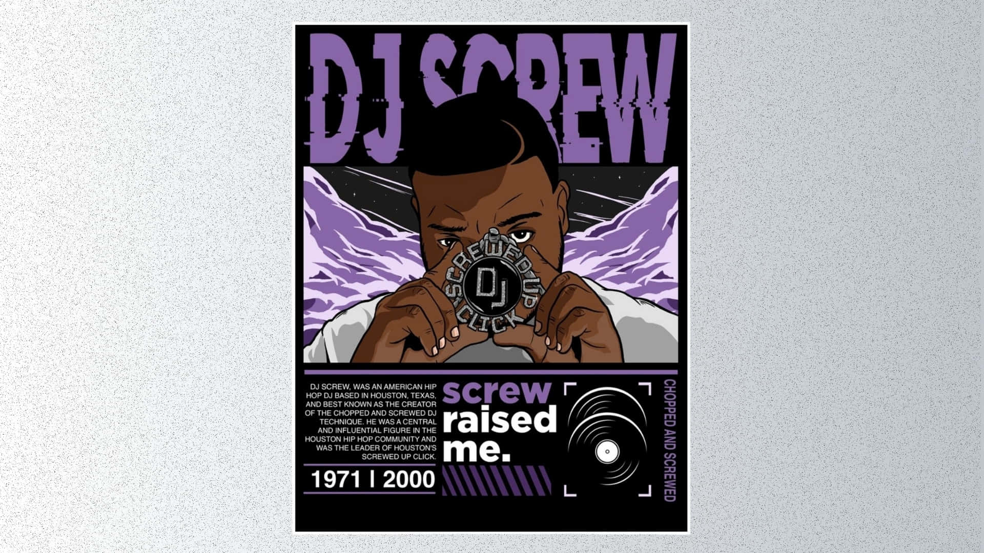  壁紙 — 一張風格化的海報，DJ Screw 手持黑膠唱片，背景為紫色山脈，並有粗體文字。