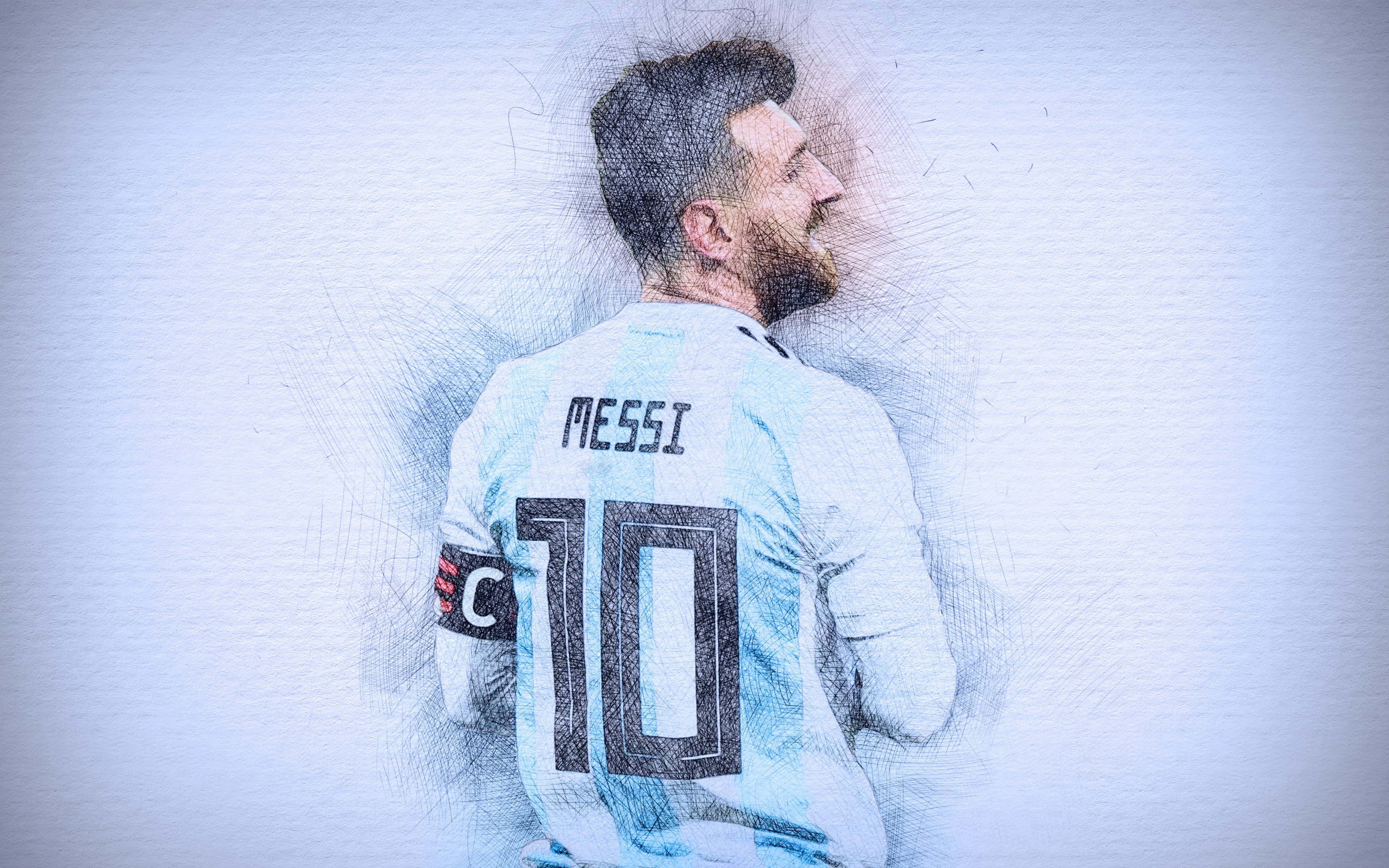 Messi 2022 桌布 壁紙 — 一張風格化的素描，描繪身穿阿根廷10號球衣的利昂內爾·梅西回頭觀望。
