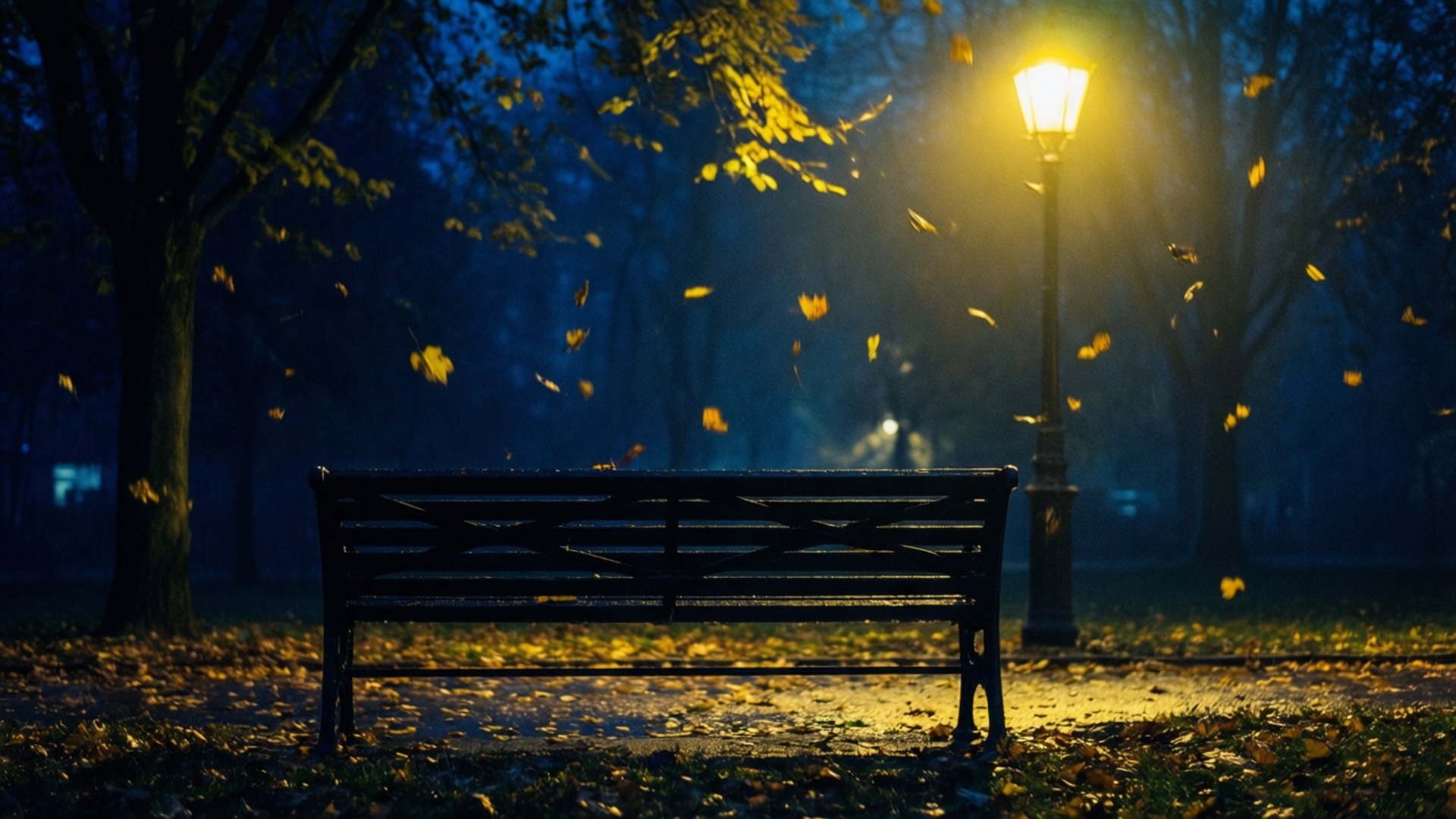 Bench Under Lamp 壁紙 — 一張孤獨的公園長椅沐浴在金色的燈光下，秋葉在涼爽的夜空中旋轉。