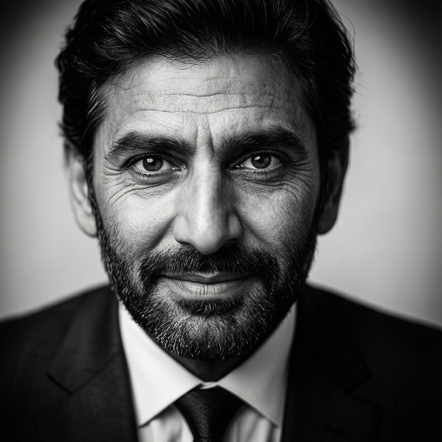 PM Imran Khan 桌布 壁紙 — 一張黑白特寫肖像，一位留鬍子、穿西裝的成熟男士，帶著微妙微笑直視鏡頭。