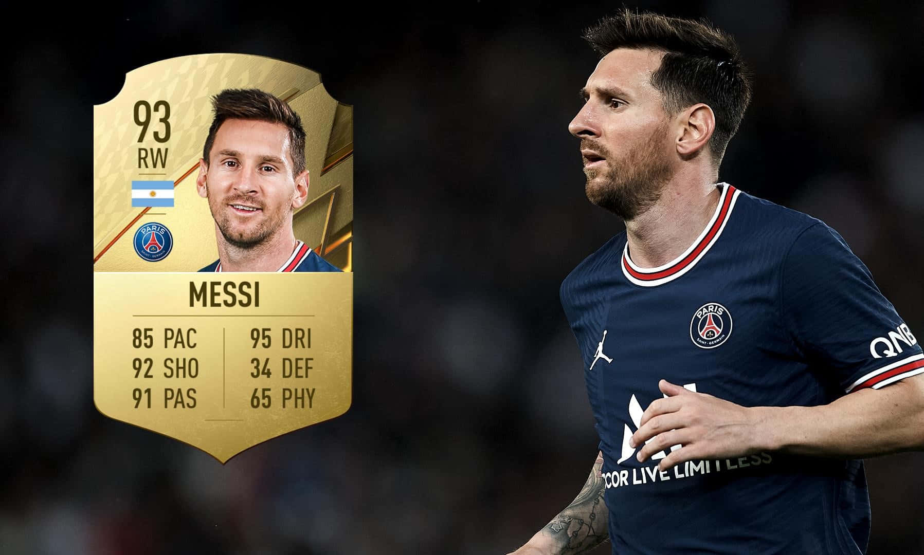 Messi 2022 桌布 壁紙 — 一張金色的FIFA Ultimate Team卡，上面有里奧·梅西與他的遊戲內角色並排，身穿巴黎聖日耳曼球衣。