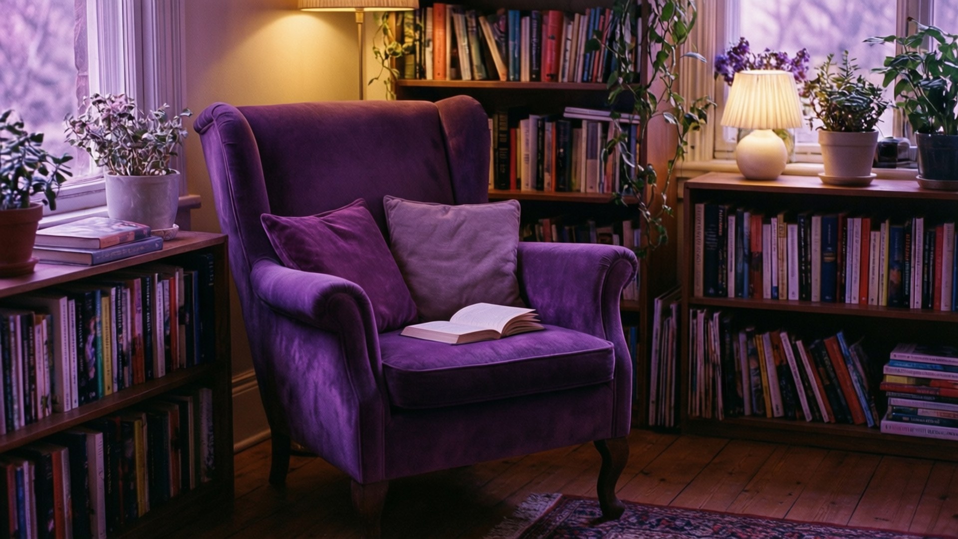 Violet Velvet Nook 壁紙 — 一張毛絨絨的紫色扶手椅，舒適地放在一個被書架、盆栽植物和溫暖燈光包圍的舒適閱讀角落。