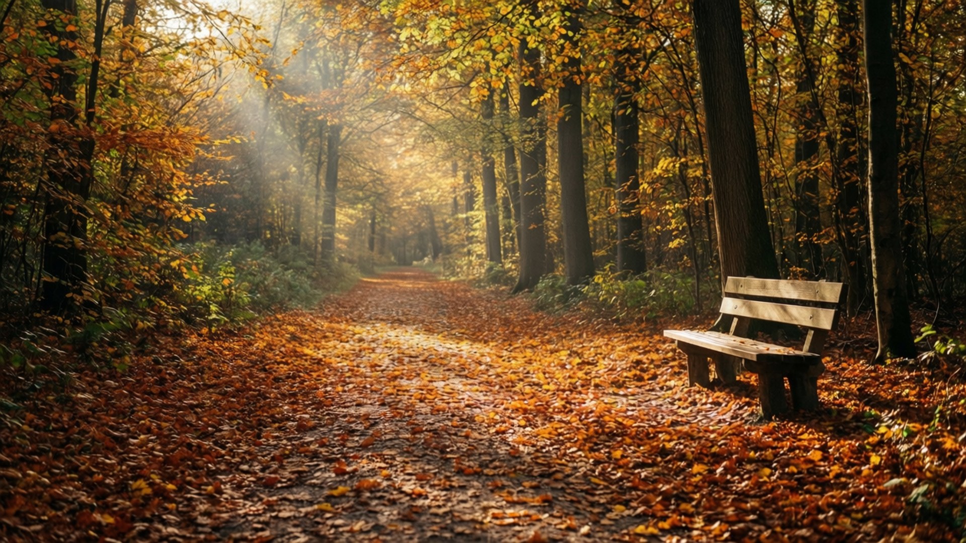 Sunlit Forest Path 壁紙 — 一張木製長椅放在一條鋪滿落葉的小徑旁，位於陽光明媚的秋日森林中，金色樹葉和高大的樹木環繞。