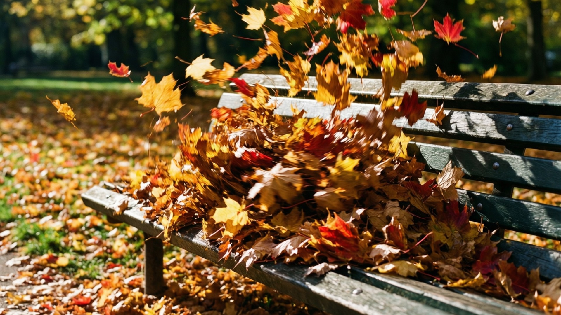 消失 桌布 壁紙 — 一張木製公園長椅上堆滿了鮮豔的橙色和紅色楓葉，在溫暖的秋日陽光下在空中旋轉。