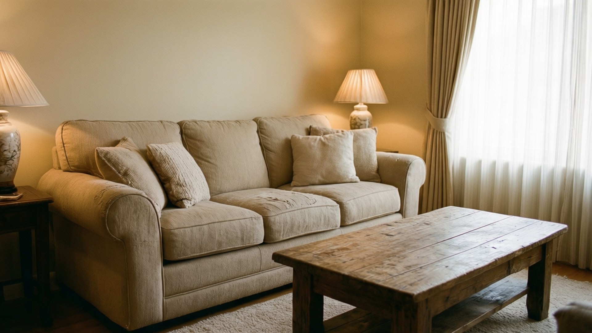 Cozy Beige Living Room 壁紙 — 一張舒適的米色沙發，配有質感抱枕，放在一張質樸的木製咖啡桌旁，在溫暖的燈光下，靠近薄紗窗簾。