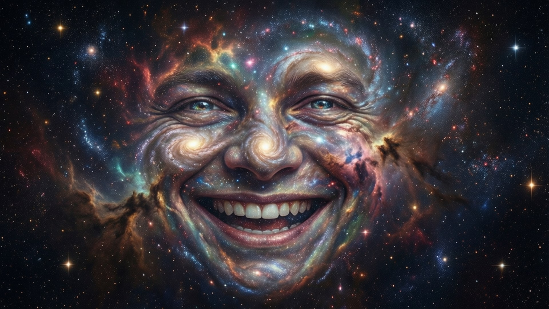 Cosmic Smile Nebula 壁紙 — 一張喜悅的人臉從充滿旋轉恆星和彩色氣體雲的充滿活力的宇宙星雲中浮現。