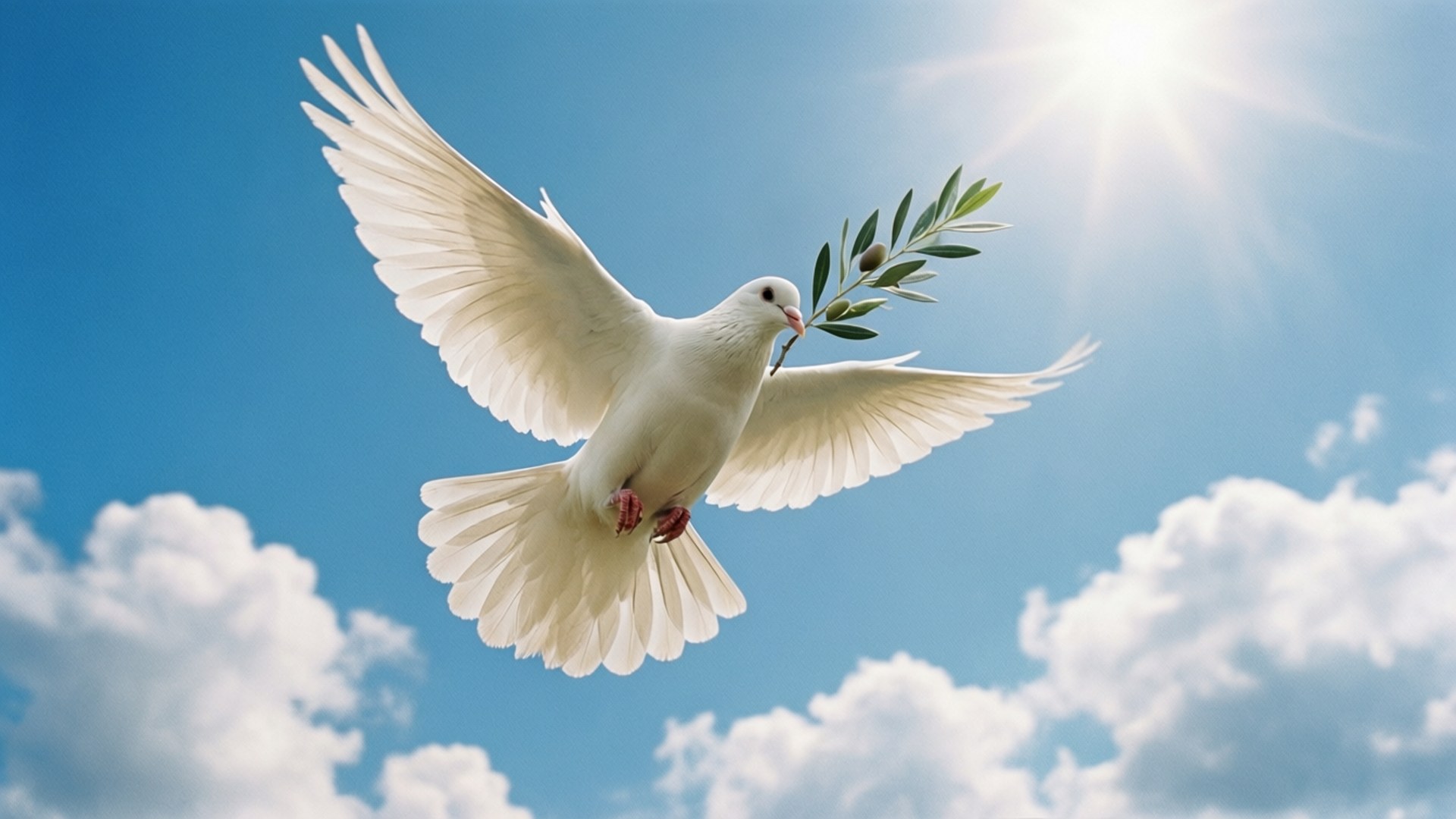 Dove and Olive Branch 壁紙 — 一隻白鴿在明亮的藍天中翱翔，叼著一根帶有綠葉和橄欖的橄欖枝。