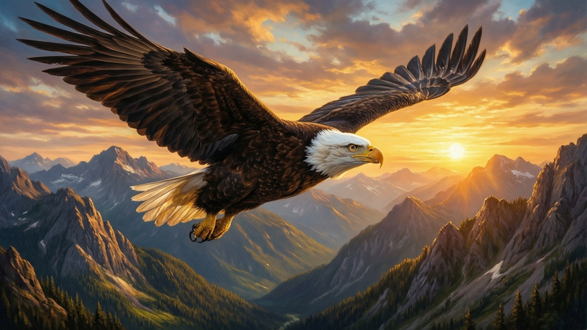 Eagle Over Mountains at Sunset 壁紙 — 一隻白頭鷹在金色日落時分展開寬闊的翅膀，翱翔於崎嶇的山脈之上。