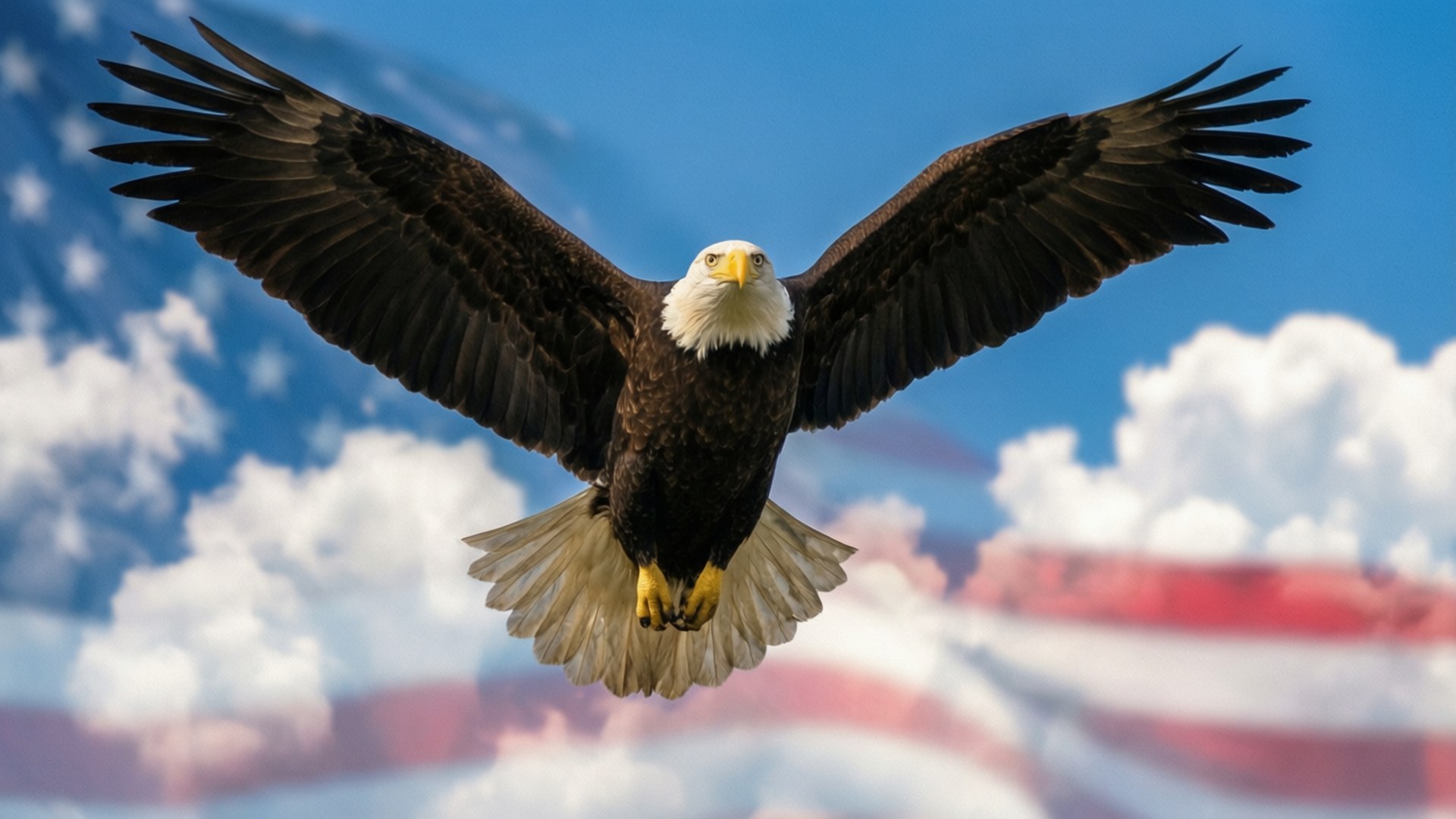 Sky High Eagle 壁紙 — 一隻白頭鷹展翅翱翔，背景是美國國旗和藍天白雲。
