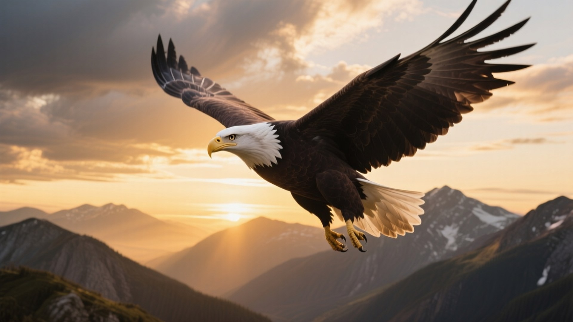 Sunrise Eagle Soaring 壁紙 — 一隻白頭鷹展翅翱翔，在積雪覆蓋的山峰上，映襯著金色的日落。