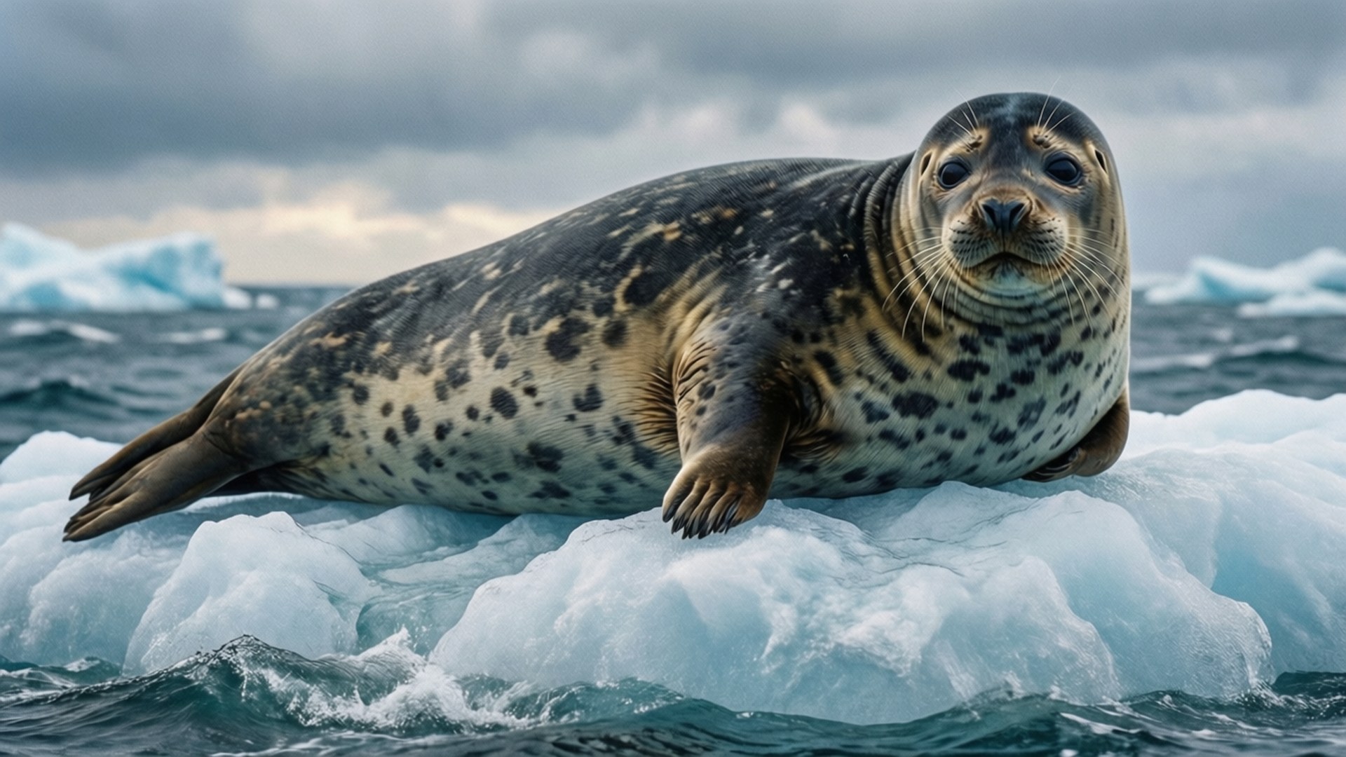 Antarctica 桌布 壁紙 — 一隻斑點海豹在陰天下的洶湧海水中，平靜地躺在漂浮的冰山上休息。