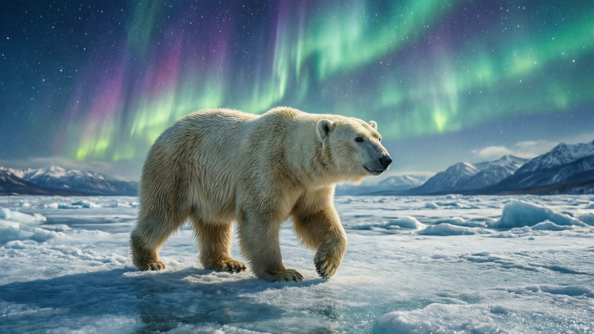 Polar Bear Aurora 壁紙 — 一隻北極熊在冰雪覆蓋的地形上行走，上方是翠綠和紫色的極光，背景是雪山。