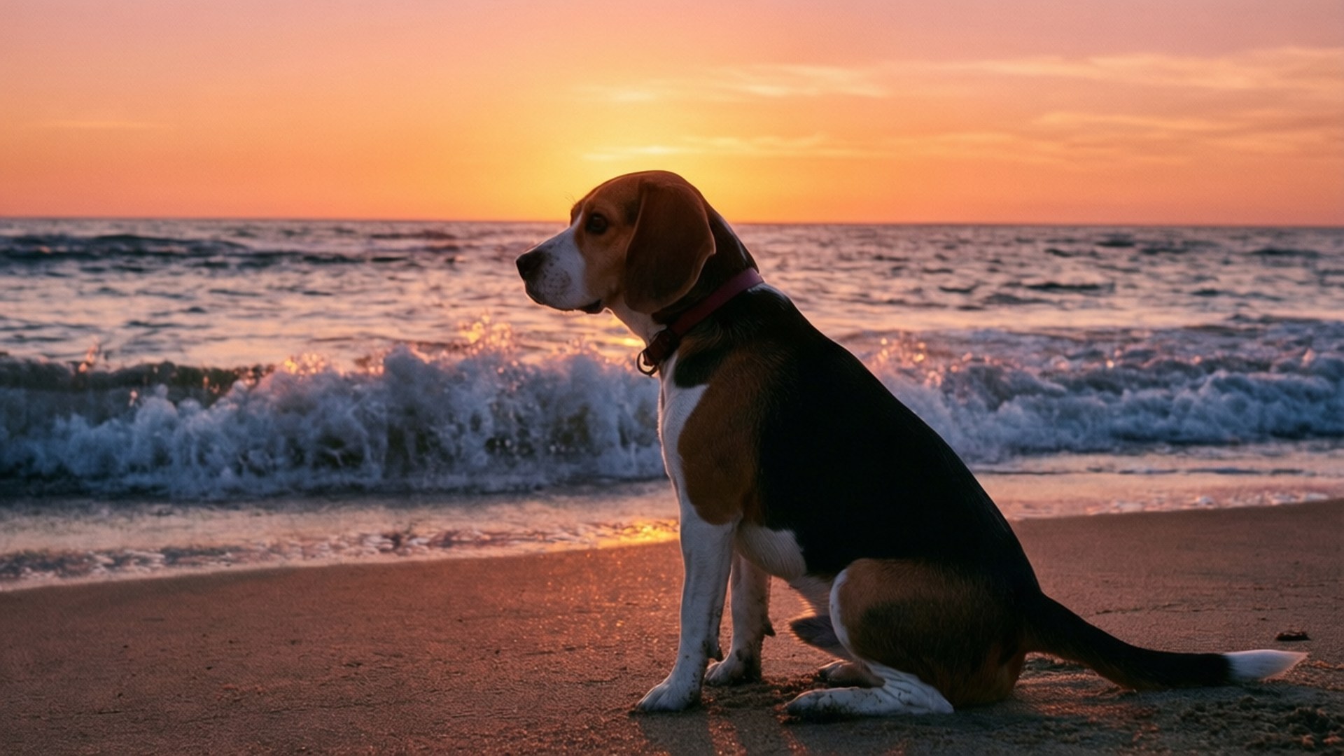 Beach Sunset Beagle 壁紙 — 一隻比格犬平靜地坐在沙灘上，看著日落時橙粉色的天空下海浪拍打。