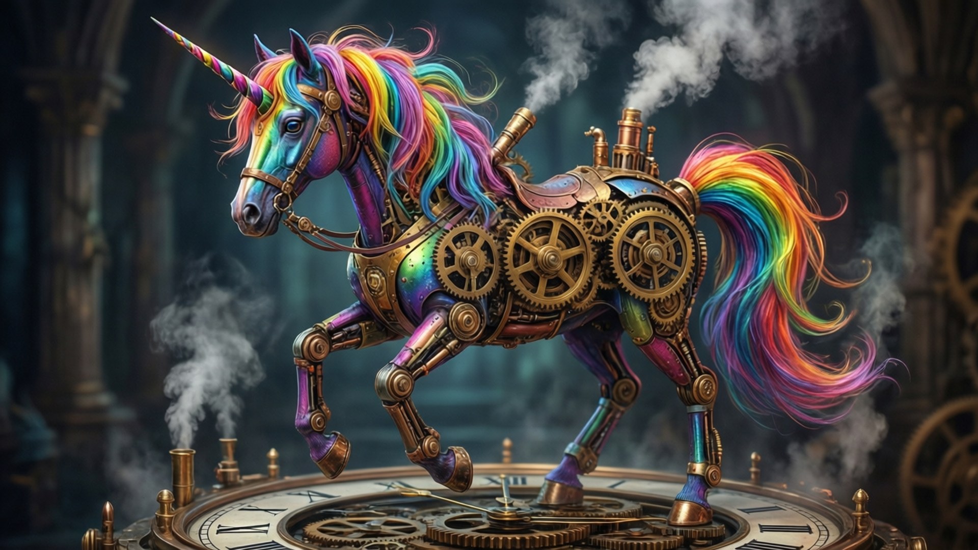 Steampunk Unicorn 壁紙 — 一隻彩虹鬃毛的獨角獸，帶有黃銅齒輪和管道，站在一座哥德式大教堂中噴出蒸汽的巨大時鐘頂上。