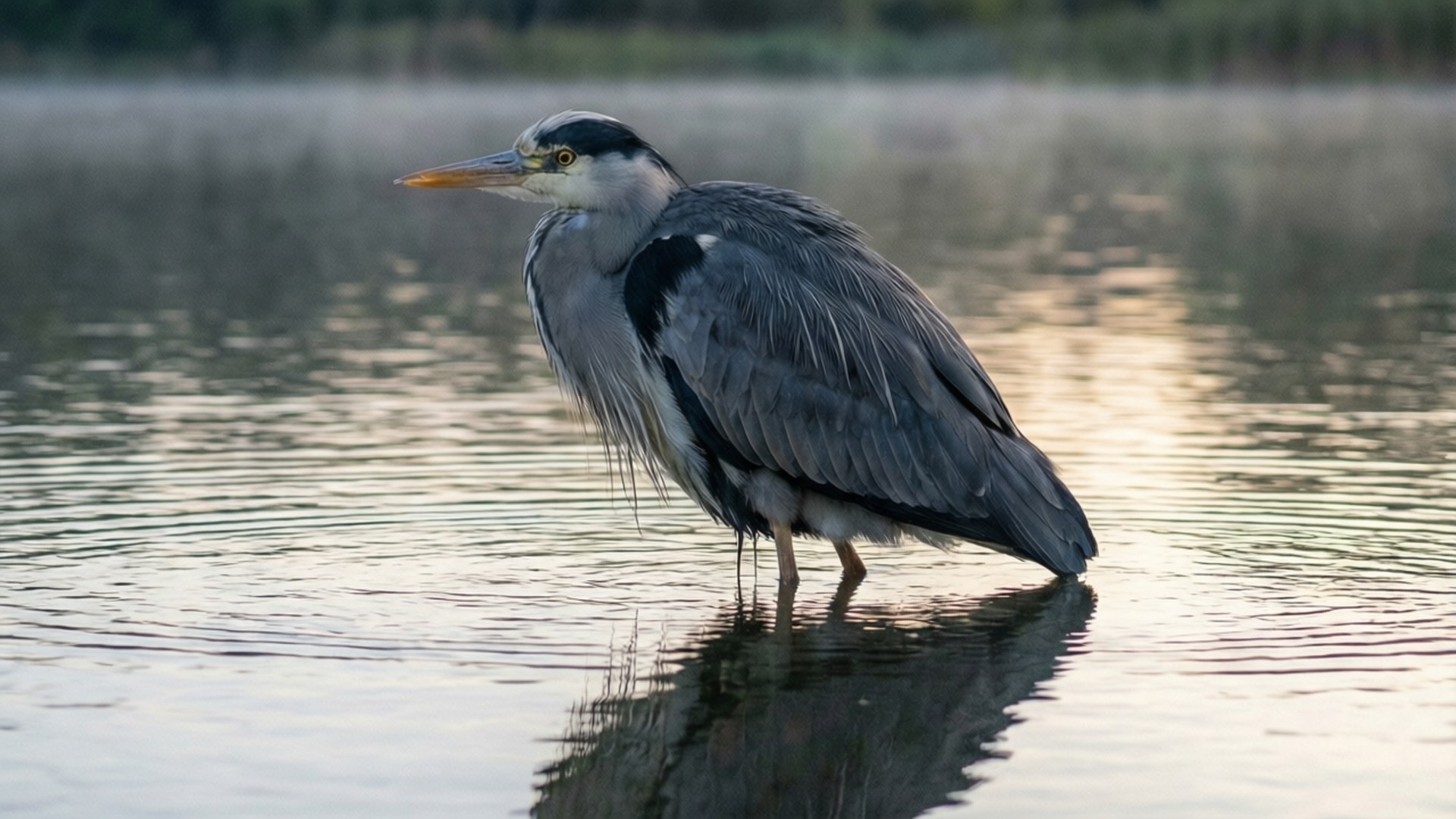 Gray Heron Reflection 壁紙 — 一隻蒼鷺佇立在淺水中，其倒影映照，柔和的金色光芒在漣漪表面閃爍。