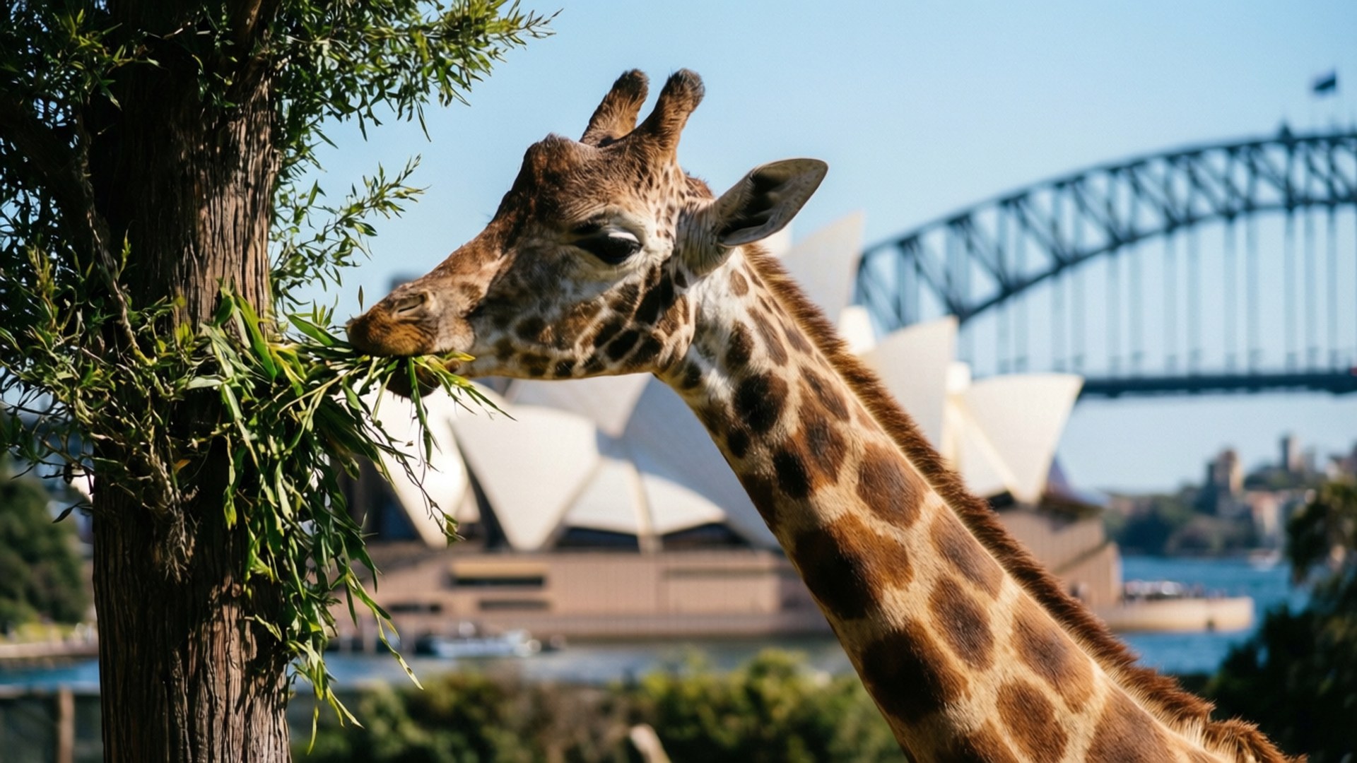 Giraffe with Sydney Backdrop 壁紙 — 一隻長頸鹿優雅地從樹上吃樹葉，背景可見雪梨歌劇院和港灣大橋。
