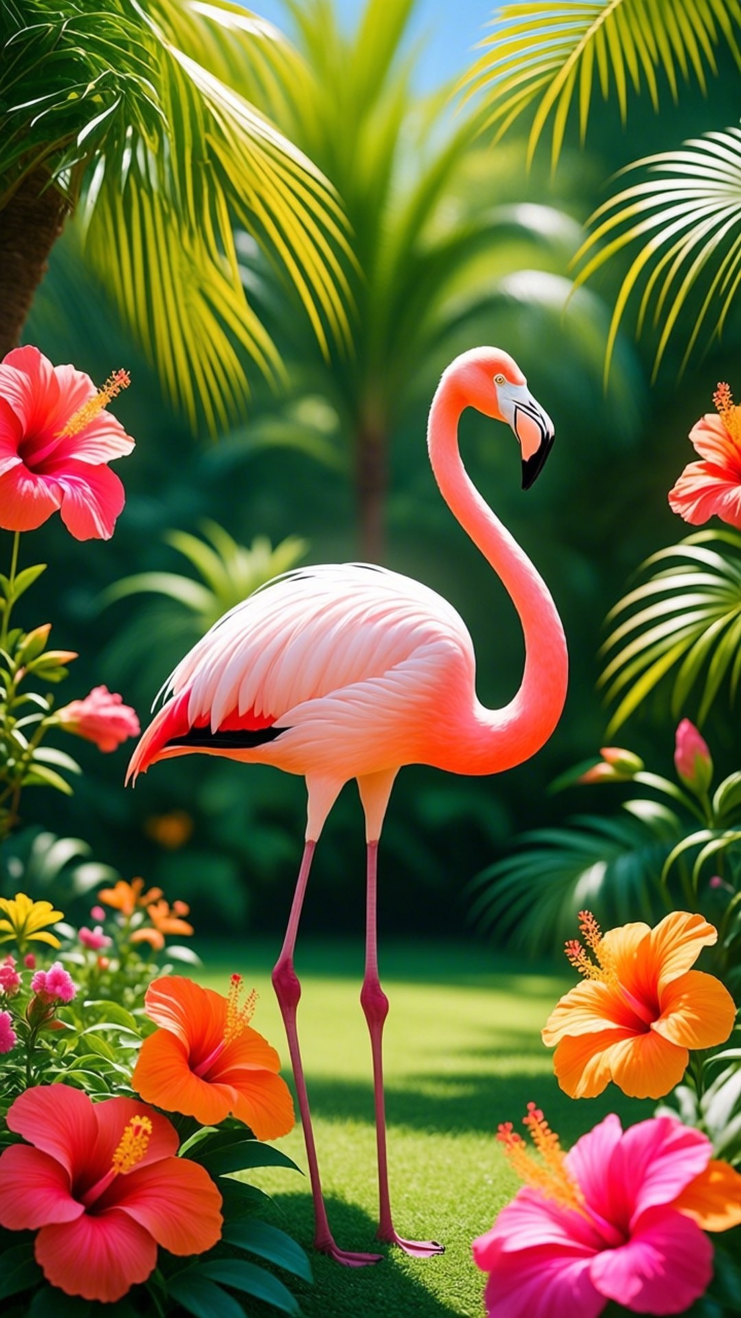 Tropical Flamingo Paradise 壁紙 — 一隻充滿活力的粉紅色火烈鳥在明亮的陽光下，優雅地站在茂密的綠葉和色彩繽紛的芙蓉花之間。
