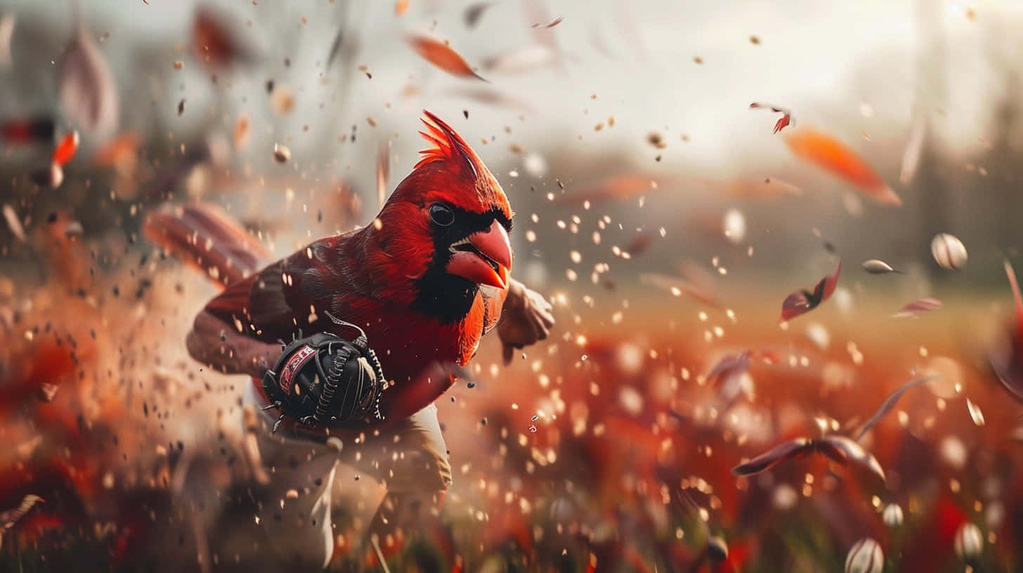  壁紙 — 一隻充滿活力的紅色主紅雀在溫暖的金色背景下，衝過一陣秋葉飛舞。
