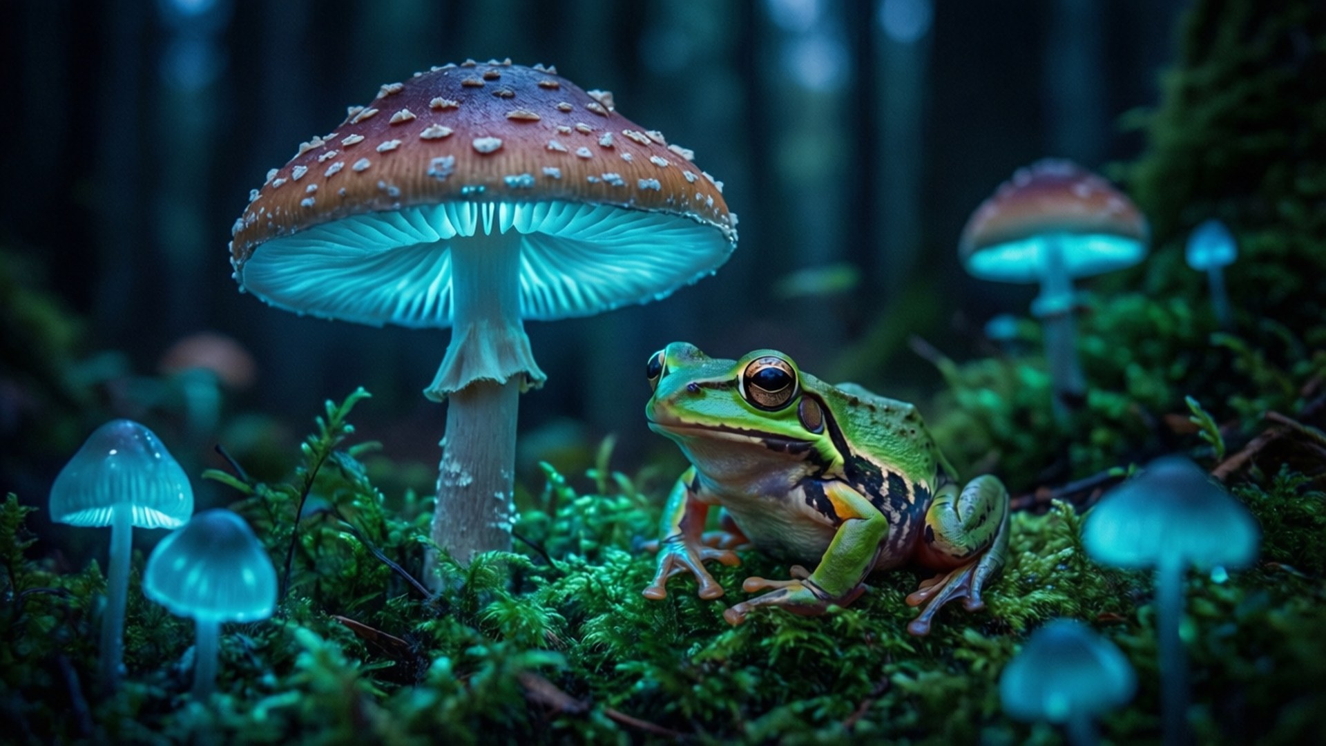 Hyla 桌布 壁紙 — 一隻充滿活力的綠色青蛙坐在苔蘚上，旁邊是一朵發光的藍色蘑菇，在黑暗的魔法森林中。
