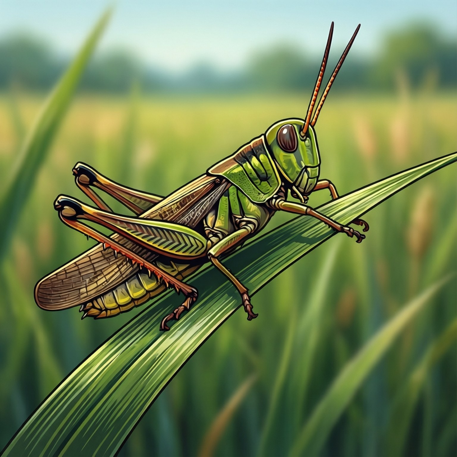 Grasshopper Profile 壁紙 — 一隻充滿活力的綠色蚱蜢棲息在一片草葉上，背景是陽光普照的田野，帶有柔和模糊的效果。