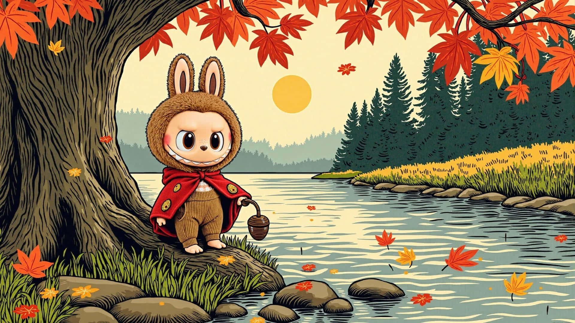  壁紙 — 一隻穿著紅色斗篷的可愛兔子站在河邊，樹下飄落著秋天的落葉。