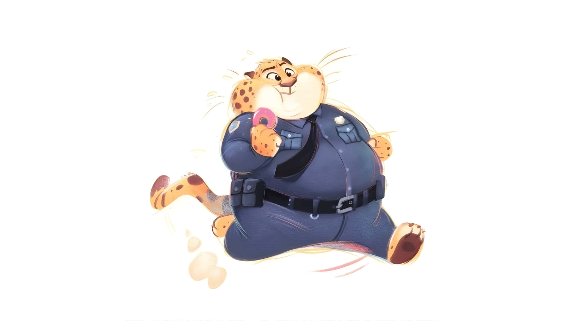  壁紙 — 一隻穿著警察制服、開心的卡通獵豹，邊跑邊拿著一個粉紅色糖霜甜甜圈。