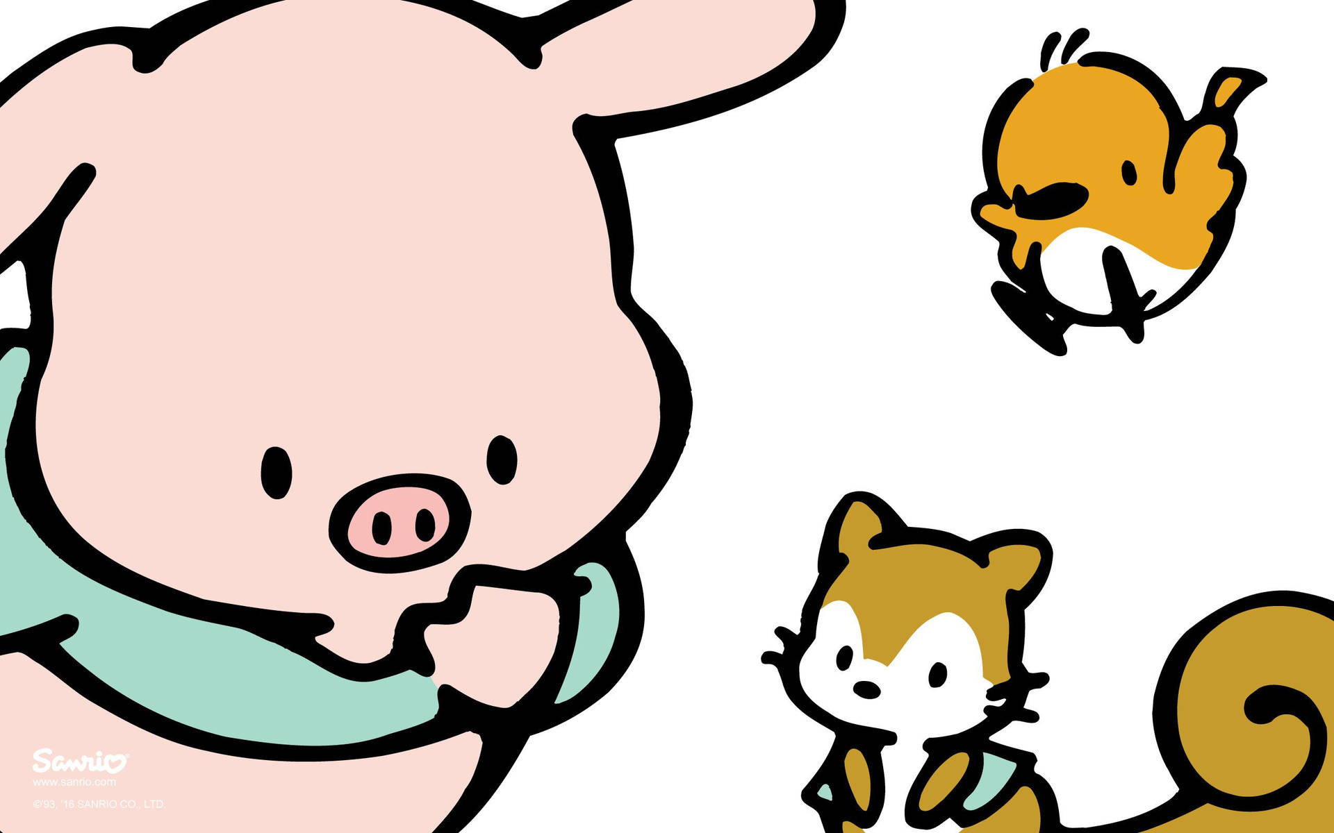 一隻粉紅色的豬在有趣的卡通場景中擁抱狐狸和小鳥。 — Sanrio 壁紙