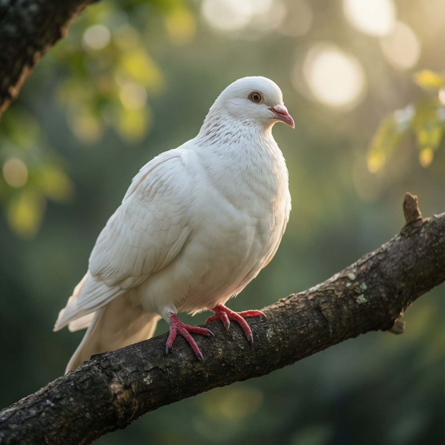 Dove in Morning 壁紙 — 一隻純潔的白鴿平靜地棲息在粗壯的樹枝上，沐浴在穿過綠葉的柔和金色陽光中。