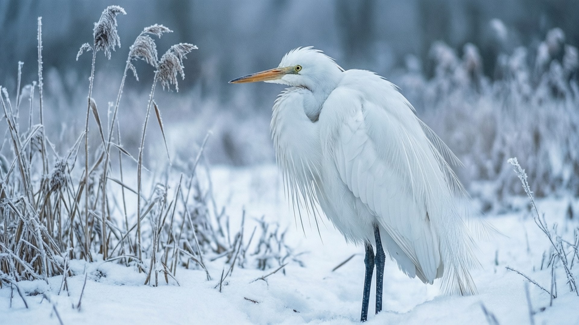 Egret 桌布 壁紙 — 一隻純潔的白鷺在雪地上高高站立，背景是結霜的蘆葦。