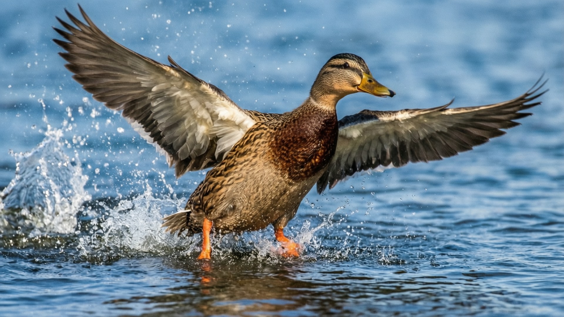 Duck Takeoff Splash 壁紙 — 一隻雌性綠頭鴨在濺起藍色水花中邁步，張開寬闊的翅膀，露出橙色的腳。