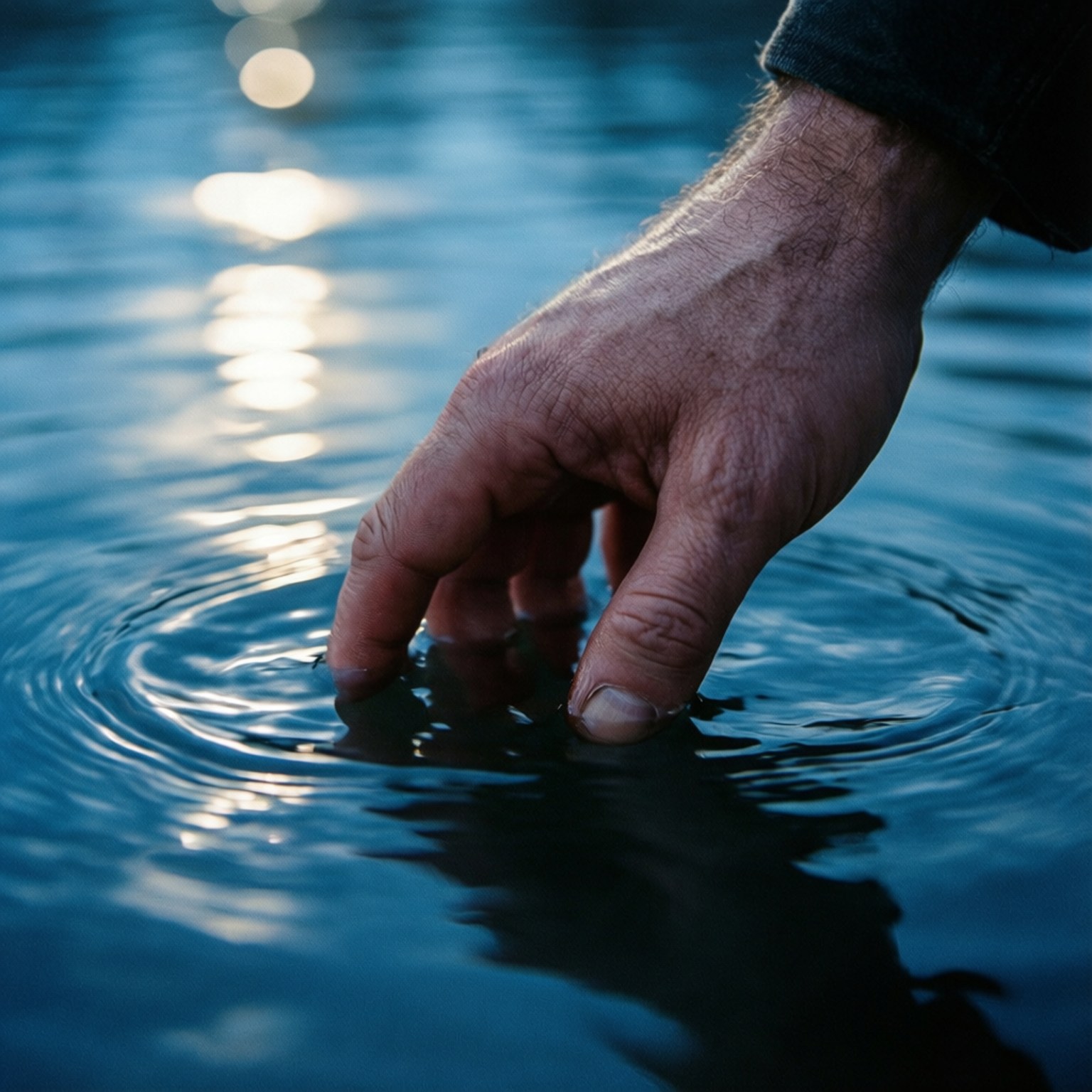 Ripple Effect 壁紙 — 一隻粗糙的手輕輕浸入平靜的藍色水中，在柔和陽光下泛起漣漪。