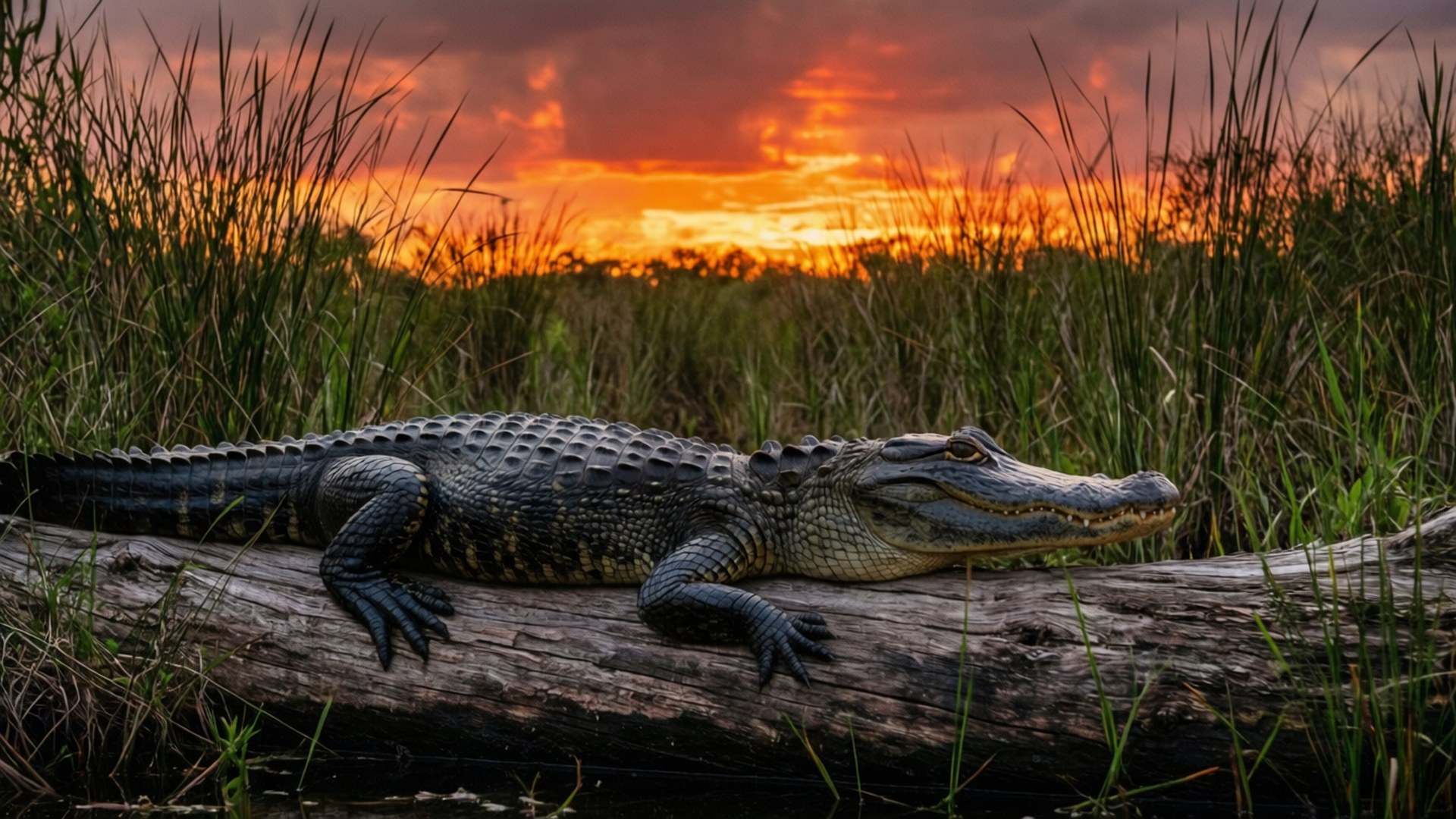 Everglades Sunset 壁紙 — 一隻大鱷魚在日落時分棲息在一根風化的木頭上，火橙色的雲朵和粉紅色的雲朵在高高的綠色蘆葦上方。