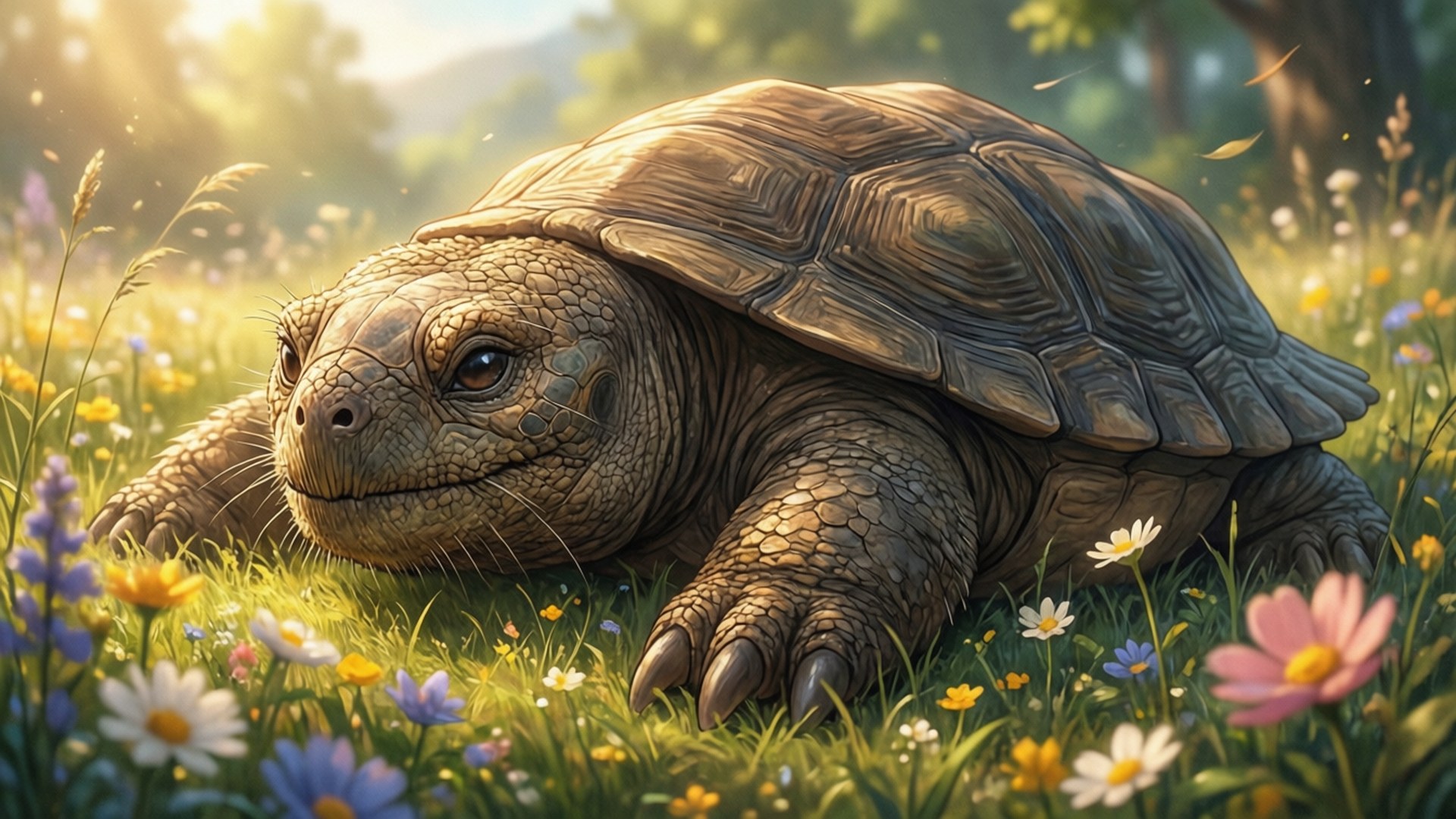 Meadow Slumber 壁紙 — 一隻大烏龜在陽光明媚、佈滿色彩繽紛野花和柔和金光的草地上平靜地休息。
