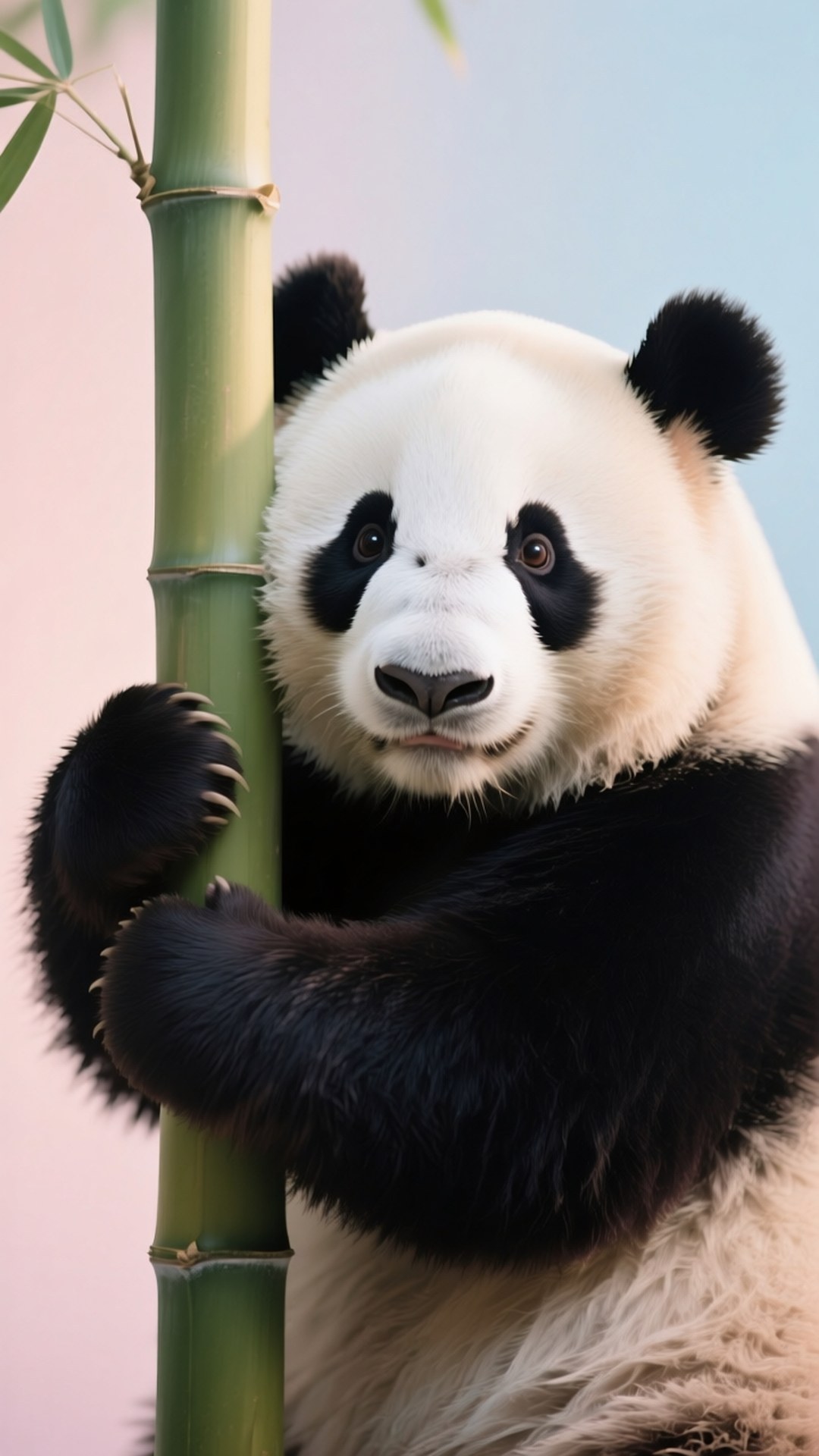 Hugging Bamboo 壁紙 — 一隻大熊貓用深色的爪子抓著一根綠色的竹莖，背景是柔和的粉紅色和藍色漸變。