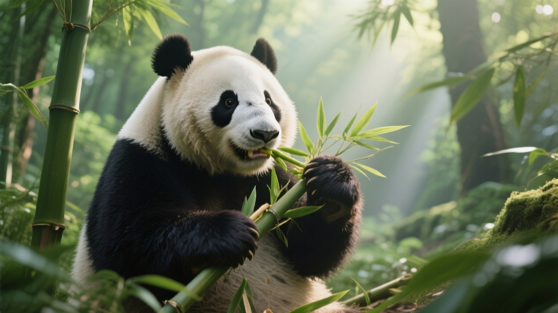 Morning Bamboo Feast 壁紙 — 一隻大熊貓在陽光明媚的森林裡咀嚼竹子，周圍有長滿苔蘚的岩石和綠色植物。