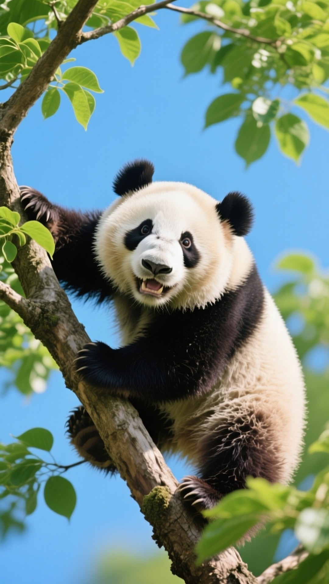 Panda Climbing Tree 壁紙 — 一隻大熊貓抓著樹枝，周圍是綠葉，背景是晴朗的藍天。