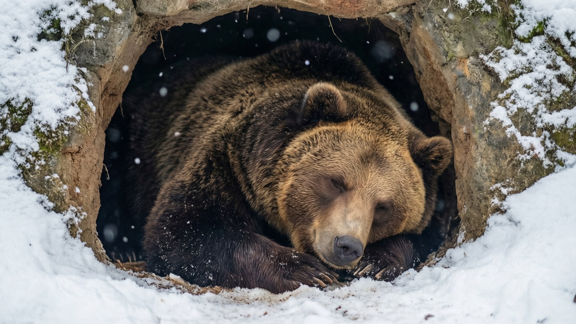 Hibernating Bear Den 壁紙 — 一隻大棕熊在一個佈滿雪的岩石巢穴中平靜地休息，雪花在牠周圍飄落。