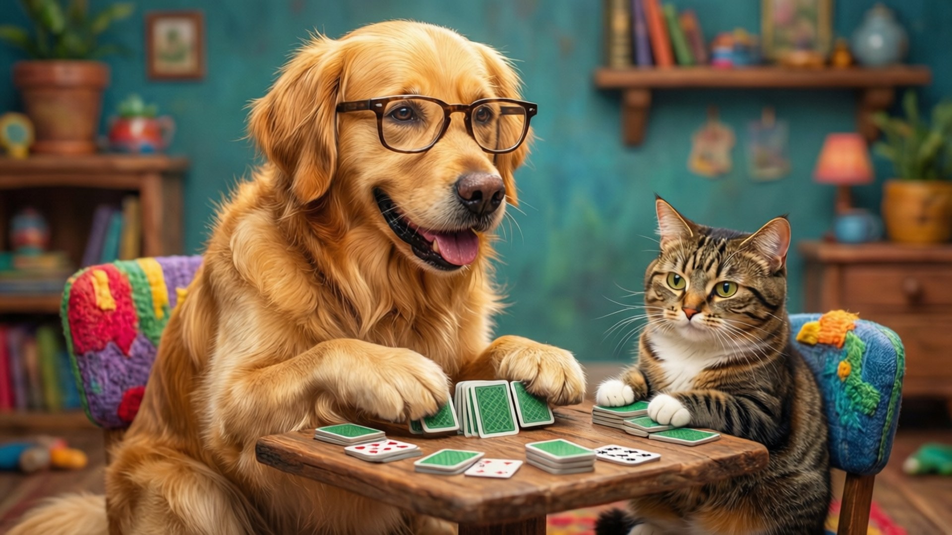 Paws and Rummy 壁紙 — 一隻戴眼鏡的金毛尋回犬和虎斑貓坐在木桌前，在一個舒適且擺滿書架的房間裡玩紙牌。