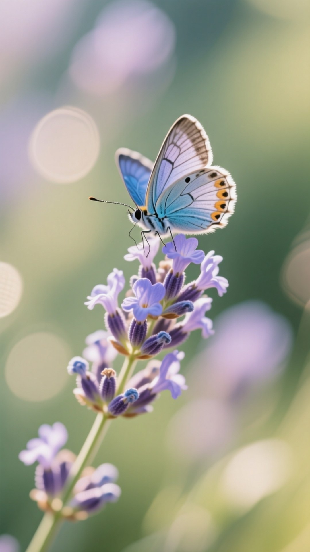 Periwinkle Butterfly Lavender 壁紙 — 一隻帶有橙色斑點的精致藍色蝴蝶棲息在薰衣草花穗上，背景是柔和的散景。