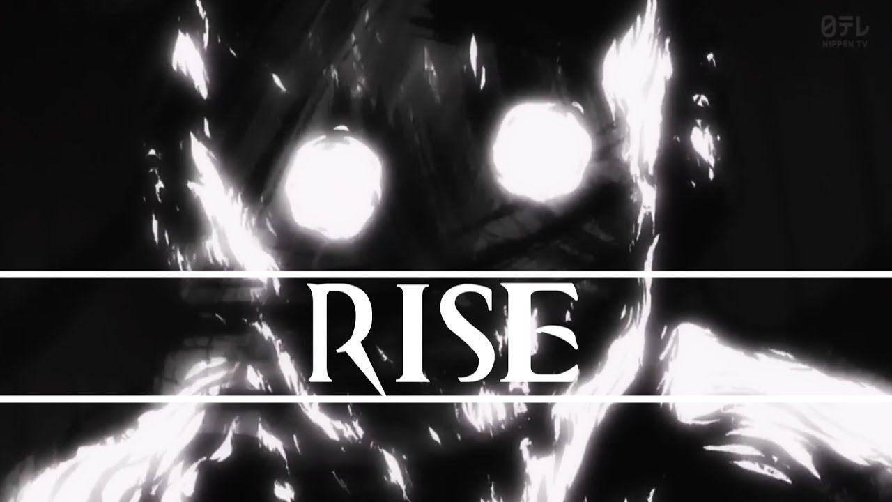 一隻帶有發光眼睛的黑暗動漫怪物和「RISE」字樣。 — 白色 壁紙