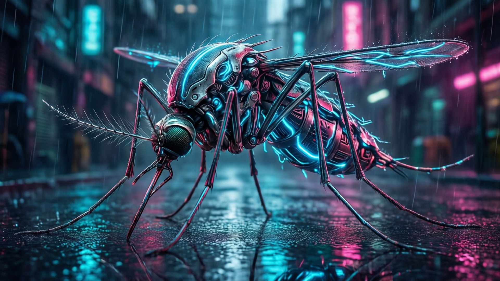 World Mosquito Day 桌布 壁紙 — 一隻帶有發光藍色電路的賽博朋克蚊子站在夜晚被雨淋濕、霓虹燈閃爍的城市街道上。