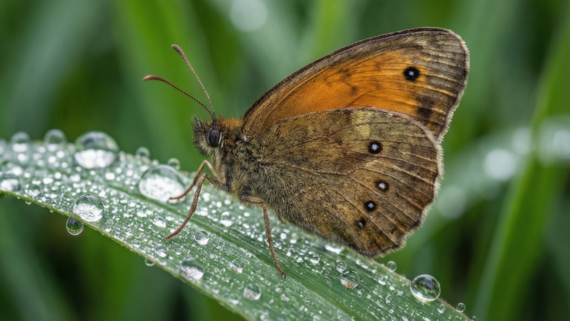 Dew Drop Butterfly 壁紙 — 一隻帶有黑色斑點的棕色和橙色蝴蝶停在沾滿露水的綠葉上，背景是模糊的草地。