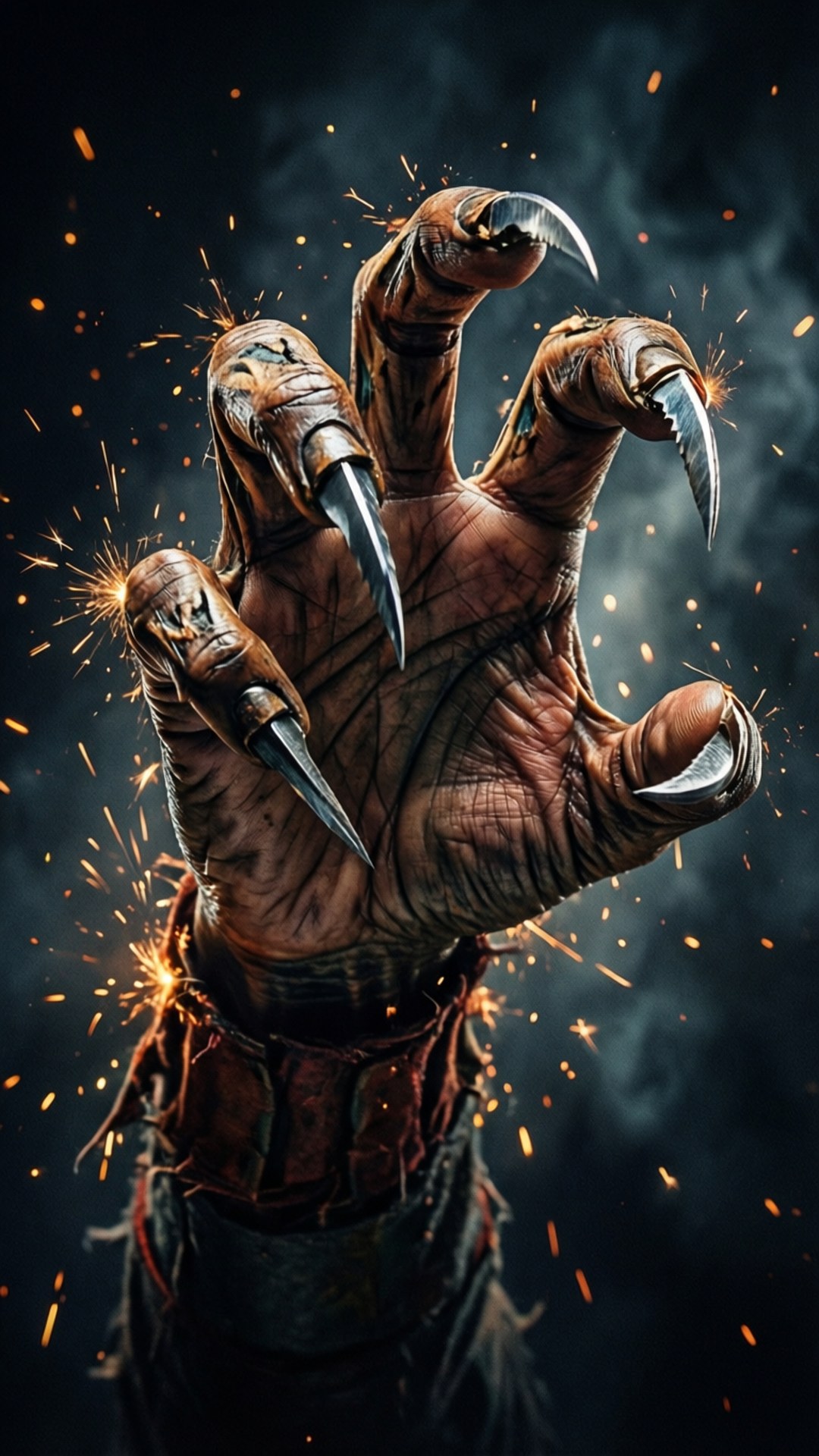 Claw of Nightmares 壁紙 — 一隻帶有金屬爪的怪誕手劃破黑暗，在戲劇性的特寫中飛出熾熱的火花。