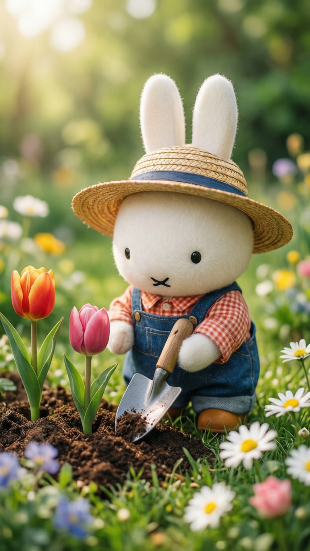 Miffy Gardening 壁紙 — 一隻戴著草帽和工裝褲的毛絨白兔在陽光明媚的花園裡，在色彩繽紛的鬱金香和雛菊旁邊挖土。